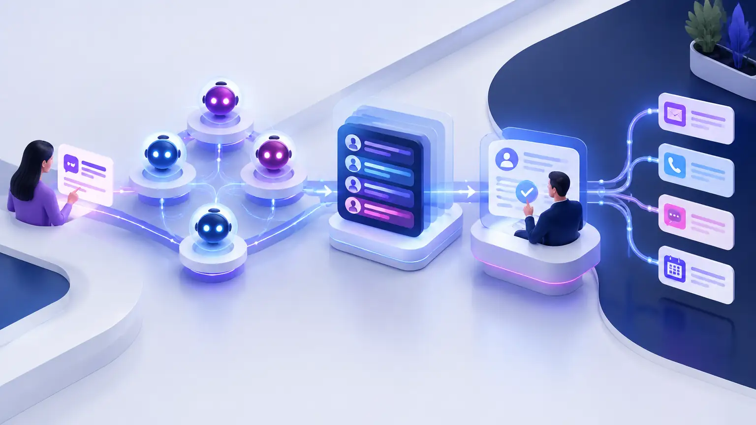 Illustrative AI agents routing a customer inquiry into a CRM and human approval step