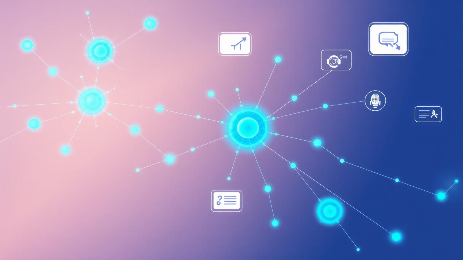 Abstract network of glowing nodes and small interface icons representing connected AI tasks